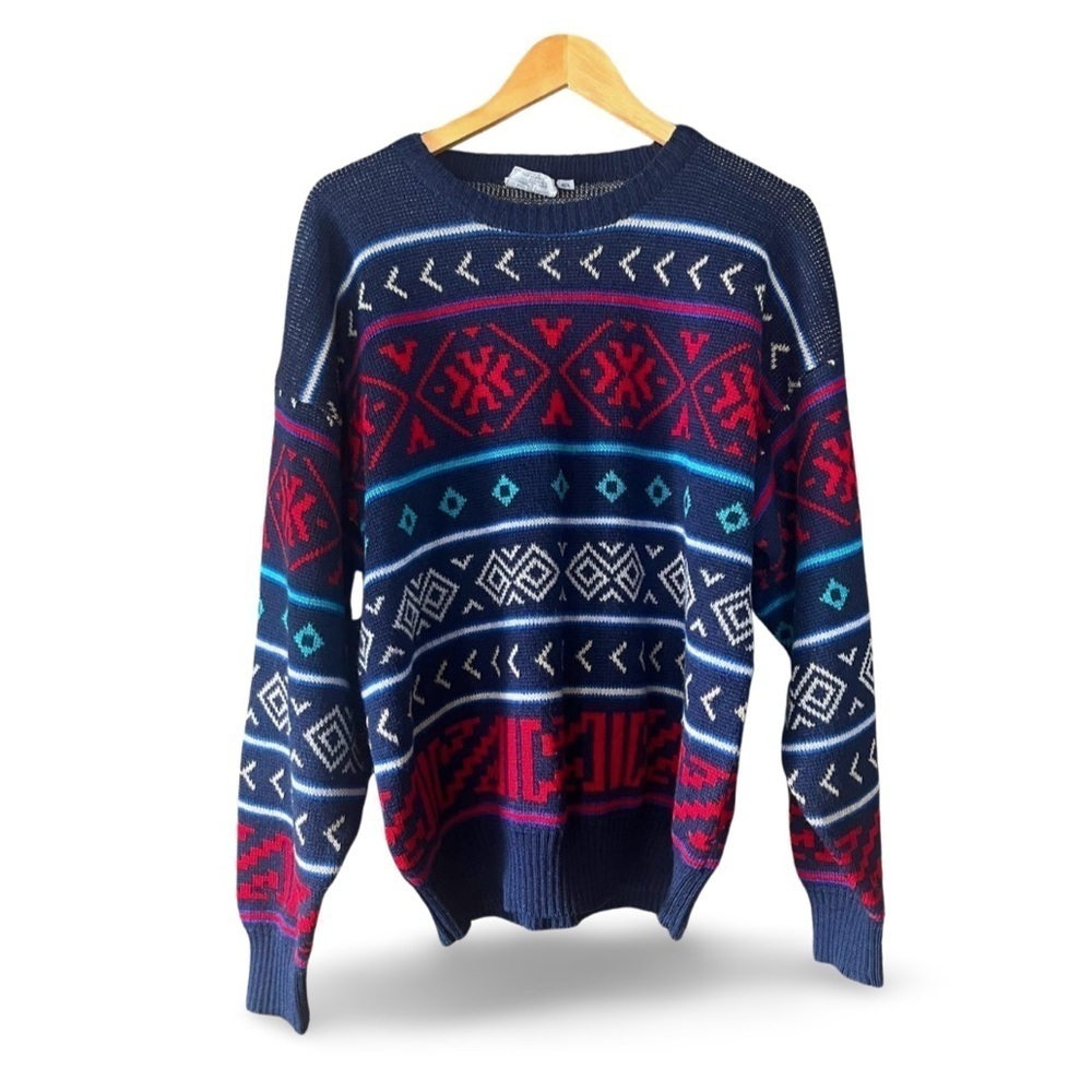 Vintage Wool Blend Sweater – Navy & Red Geometric Knit, 90s Cozy Classic
